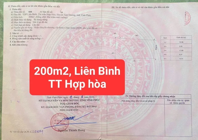 Bán Đất 200m2 có sẵn 200 m2 thổ cư giá 1.7 tỷ tại Thị trấn Hợp Hòa Huyện Tam Dương Vĩnh Phúc