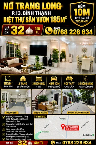 Bán Nhà riêng 185m2 có sẵn 185 m2 thổ cư giá 32 tỷ tại Đường Nơ Trang Long Phường 13 Quận Bình Thạnh TP. Hồ Chí Minh
