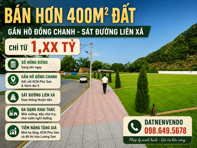 Bán nhanh hơn 400m² đất sát hồ Đồng Chanh, chính chủ, sổ hồng, sát đường liên xã, chỉ từ 1,XX tỷ