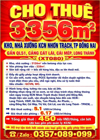 CHO THUÊ 3356m2 KHO, NHÀ XƯỞNG KCN NHƠN TRẠCH, ĐỒNG NAI GẦN QL51, CẢNG CÁT LÁI, LONG THÀNH