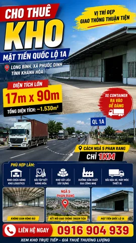 CHO THUÊ KHO MẶT TIỀN QUỐC LỘ 1A – LONG BÌNH NINH THUẬN