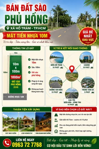 1,95  TỶ CÓ NGAY 1000M2 ĐẤT HỒ TRÀM TP HCM