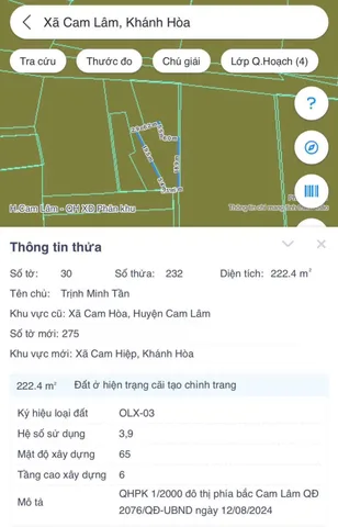 Bán Đất 222.4m2 có sẵn 200 m2 thổ cư giá 580 triệu tại - Chọn - Xã Cam Hòa Huyện Cam Lâm Khánh Hòa