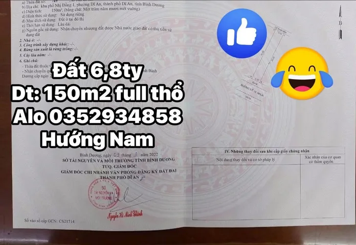 Bán Đất 150m2 có sẵn 150 m2 thổ cư giá 6.8 tỷ tại Phường Dĩ An Thành phố Dĩ An Bình Dương
