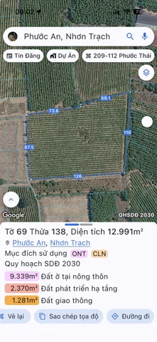 Bán Đất 12991m2 có sẵn 250 m2 thổ cư giá 28.5 tỷ tại Xã Phước An Huyện Nhơn Trạch Đồng Nai