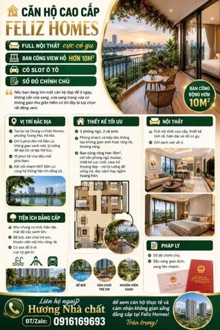 BÁN CĂN HỘ CAO CẤP FELIZ HOMES – FULL NỘI THẤT CỰC CÓ GU – BAN CÔNG VIEW HỒ 12M²