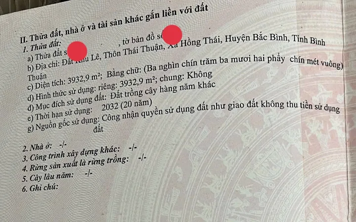 Bán Đất 3933m2 giá 590 triệu tại - Chọn - Xã Hồng Thái Huyện Bắc Bình Bình Thuận