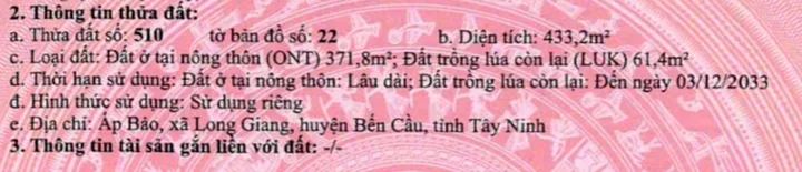 Bán Đất 433.2m2 có sẵn 371.8 m2 thổ cư giá 800 triệu tại Xã Long Giang Huyện Bến Cầu Tây Ninh