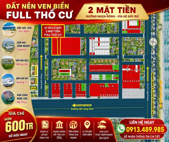 Đất Nền Ven Biển 102m2 Full Thổ Cư - 2 Mặt Tiền - Nam Cửa Việt - Quảng Trị