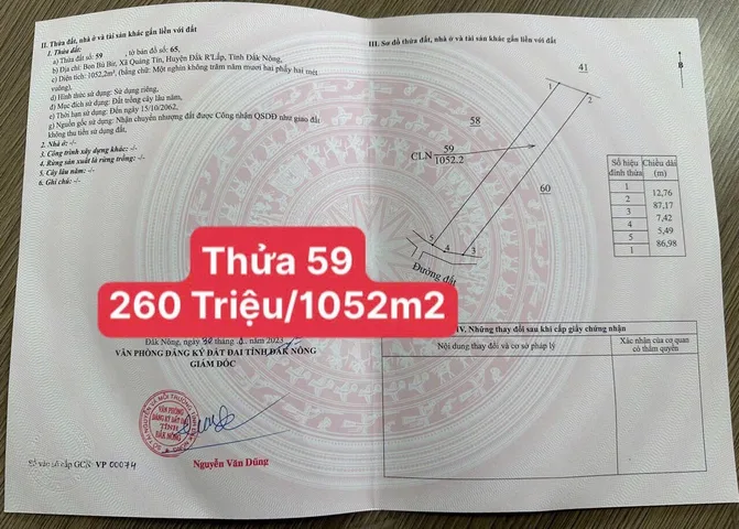 Bán Đất 1052m2 giá 260 triệu tại - Xã Quảng Tín Huyện Đắk R'Lấp Đắk Nông