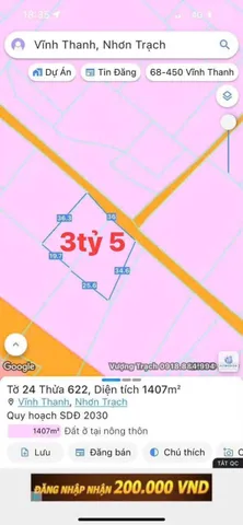 Bán Đất 1407m2 giá 3.5 tỷ tại Xã Vĩnh Thanh Huyện Nhơn Trạch Đồng Nai