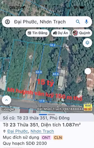 Bán Đất 1087m2 có sẵn 150 m2 thổ cư giá 15 tỷ tại Xã Phú Đông Huyện Nhơn Trạch Đồng Nai