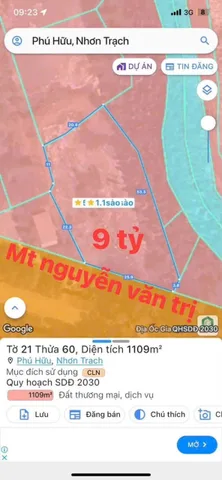 Bán Đất 1109m2 giá 9 tỷ tại Xã Phú Hữu Huyện Nhơn Trạch Đồng Nai