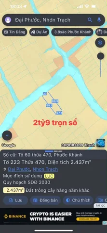 Bán Đất 2437m2 giá 2.9 tỷ tại Xã Phước Khánh Huyện Nhơn Trạch Đồng Nai