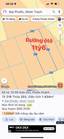 Bán Đất 1434m2 giá 1.6 tỷ tại Xã Phước Khánh Huyện Nhơn Trạch Đồng Nai