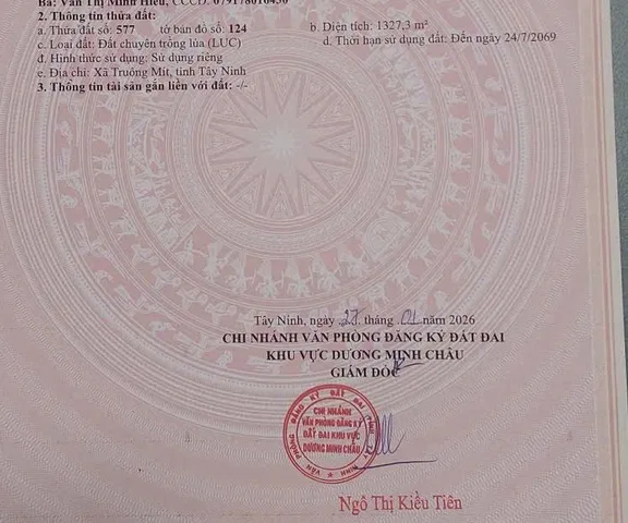 Bán Đất 1327m2 giá 680 triệu tại Xã Bàu Đồn Huyện Gò Dầu Tây Ninh