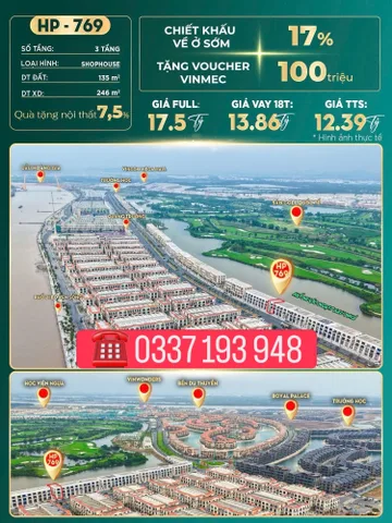 Bán căn shophouse xẻ khe 135m2 HP-769 trục đường Hạnh Phúc Vinhomes Vũ Yên Hải Phòng.