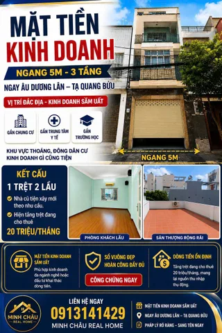 Mặt tiền kinh doanh, ngang 5.1x 26m, 3 tầng, ngay Âu Dương Lân – Tạ Quang Bửu. 21.5 tỉ