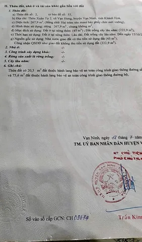 Bán Đất 267m2 có sẵn 45 m2 thổ cư giá 5.6 tỷ tại Xã Vạn Hưng Huyện Vạn Ninh Khánh Hòa