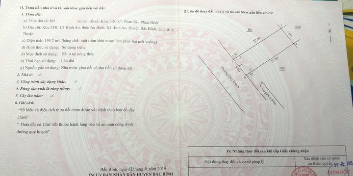 Bán Đất 195m2 có sẵn 195 m2 thổ cư giá 550 triệu tại Xã Bình An Huyện Bắc Bình Bình Thuận