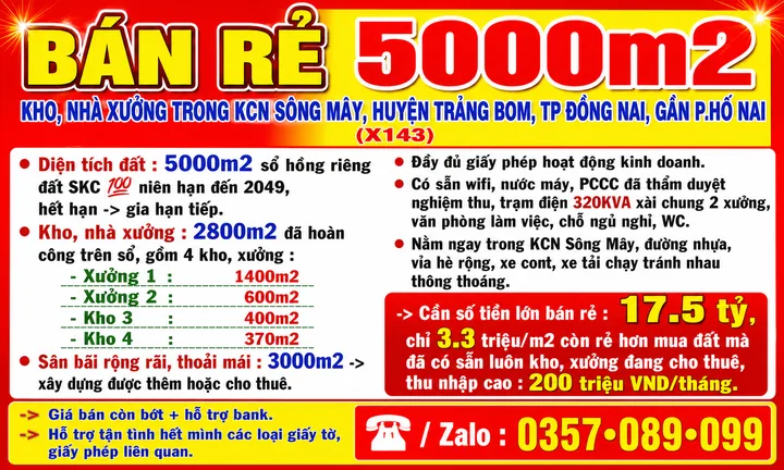 BÁN RẺ 5000m2 KHO, NHÀ XƯỞNG TRONG KCN SÔNG MÂY, HUYỆN TRẢNG BOM, TP ĐỒNG NAI, GẦN HỐ NAI, X143