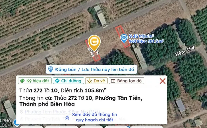 Bán Đất 105m2 có sẵn 55 m2 thổ cư giá 980 triệu tại - Chọn - Phường Tam Phước Thành phố Biên Hòa Đồng Nai