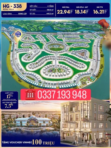 Bán căn biệt thự song lập 190m2 HG-338 khu Hoàng Gia Vinhomes Vũ Yên Hải Phòng.