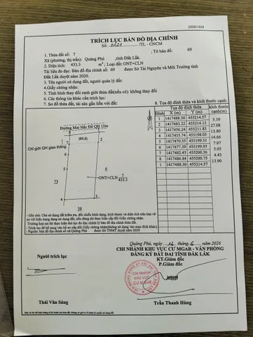 Bán Đất 433.3m2 giá 4.2 tỷ tại Thị trấn Quảng Phú Huyện Cư M'gar Đắk Lắk