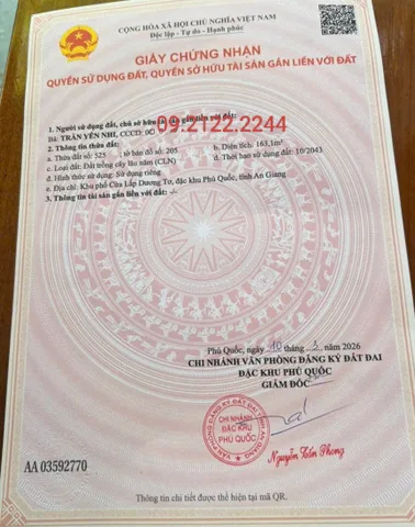 Bán Đất 163.1m2 Ngang 6m Cửa Lấp giá 4.5 tỷ tại Dương Tơ Đặc Khu Phú Quốc