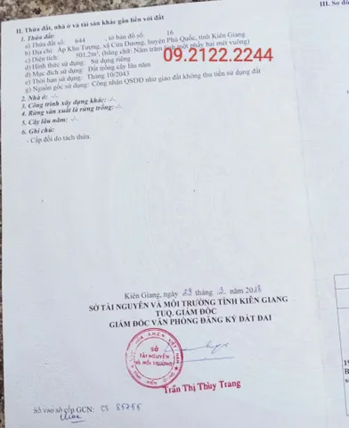 Bán Đất 501.2m2 có sẵn 219.4 m2 thổ cư Ngang 20.1m Khu Tượng giá 5.5 tỷ tại Cửa Dương Đặc Khu Phú Quốc