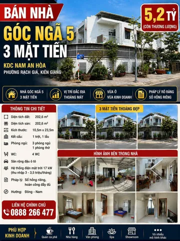 Bán Nhà riêng 202.6m2 có sẵn 202.6 m2 thổ cư giá 5.2 tỷ tại Đường số 5 Phường An Hòa Thành phố Rạch Giá Kiên Giang