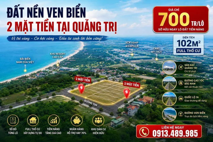 Đất Nền Ven Biển 2 Mặt Tiền 102m2 Full Thổ Cư Giá 700Tr - Nam Cửa Việt - Quảng Trị