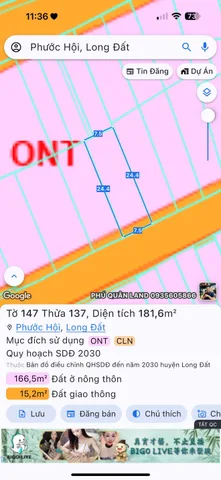 Bán Đất 186m2 có sẵn 100 m2 thổ cư giá 2.3 tỷ tại Xã Lộc An Huyện Đất Đỏ Bà Rịa - Vũng Tàu