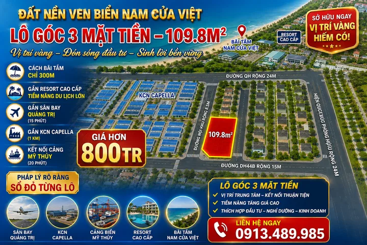 Đất Nền Ven Biển 3 Mặt Tiền, Cách Biển 300m, 109.8m2 Full Thổ Cư Tại Nam Cửa Việt Quảng Trị