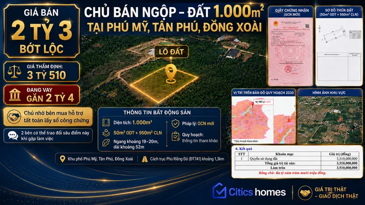🔥 CHỦ BÁN NGỘP – ĐẤT 1.000m²  Đồng Xoài, Bình Phước, 50m² ODT, NGANG GẦN 20M – GIÁ CHỈ 2,3 TỶ BỚT LỘC