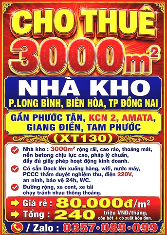 3000m2 CHO THUÊ NHÀ KHO LONG BÌNH, BIÊN HÒA, TP ĐỒNG NAI GẦN PHƯỚC TÂN, KCN 2, AMATA, GIANG ĐIỀN, XT130