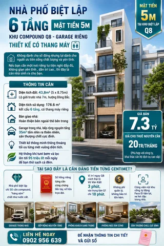 Nhà phố biệt lập 6 tầng, mặt tiền 5m - Khu compound Q8, garage riêng, thiết kế có thang máy