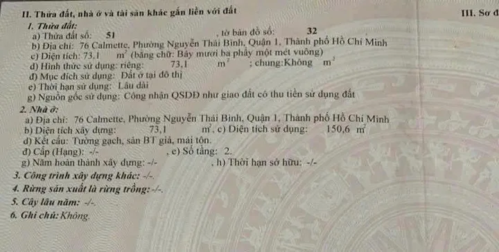 Bán Nhà Mặt Tiền 76 Calmette, Nguyễn Thái Bình, Q1