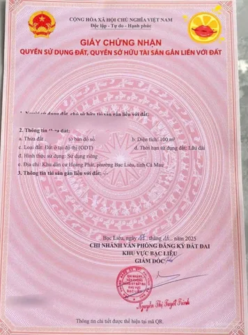 Bán Đất 100m2 có sẵn 100 m2 thổ cư giá 1.31 tỷ tại đường nội bộ Nguyễn Khuyến Phường 1 Thành phố Bạc Liêu Bạc Liêu
