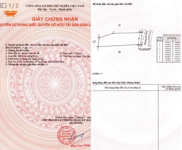 Bán Đất 174.6m2 có sẵn 174.6 m2 thổ cư giá 2.88 tỷ tại - Chọn - - Chọn - Xã Tu Bông Khánh Hòa