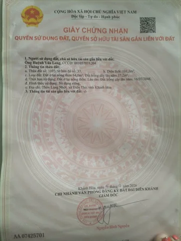 BÁN LÔ ĐẤT GIÁ SIÊU RẺ TẠI DIÊN TÂN , DIÊN KHÁNH . DT 101,2m2 CÓ THỔ CƯ . GIÁ CHỈ 290 TRIỆU