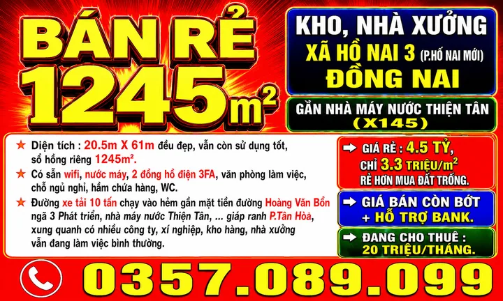 1245m2 BÁN KHO, NHÀ XƯỞNG XÃ HỐ NAI 3 (P.HỐ NAI MỚI) ĐỒNG NAI, GẦN NHÀ MÁY NƯỚC THIỆN TÂN