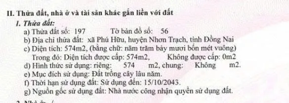 Bán Đất 574m2 giá 1.5 tỷ tại hẻm Đường Phan Văn Đáng Xã Phú Hữu Huyện Nhơn Trạch Đồng Nai, cách phan văn đáng chỉ 35m, lên full thổ cư