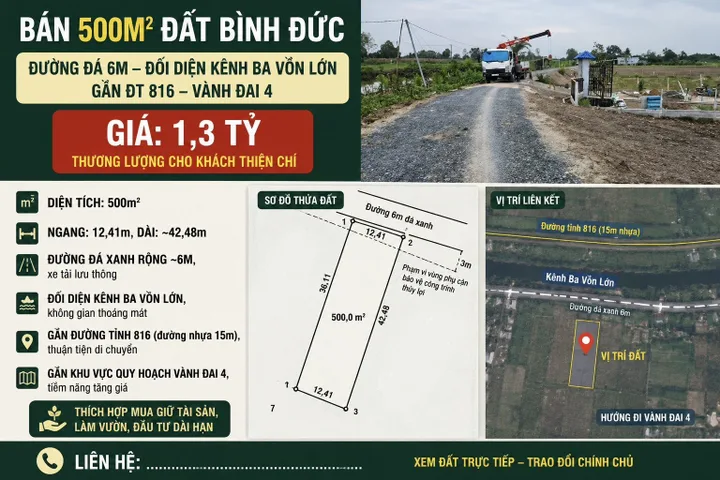 Bán 500m² Đất Bình Đức – Đường Đá 6m – Đối Diện Kênh Ba Vồn Lớn – Gần ĐT 816