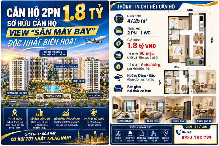 Căn hộ 2PN 1,8 Tỷ – Sở Hữu Căn Hộ View "Săn Máy Bay" Độc Nhất Biên Hòa!