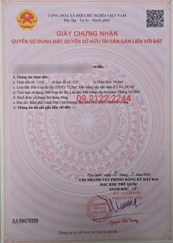 Bán Đất 96.6m2 có sẵn 72.5 m2 thổ cư Gành Gió Cửa Dương giá 1.4 tỷ tại Đặc Khu Phú Quốc