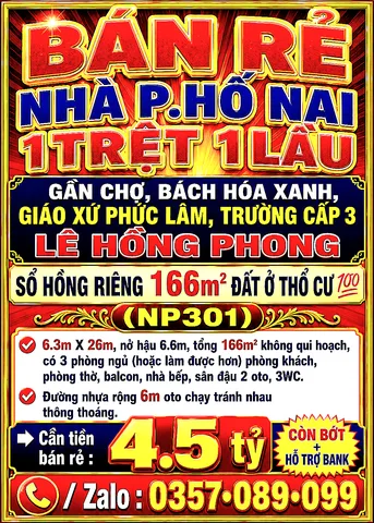 166m2 BÁN RẺ NHÀ HỐ NAI, 1TRỆT 1LẦU, GẦN GIÁO XỨ PHÚC LÂM, SỔ HỒNG THỔ CƯ 💯 ĐƯỜNG NHỰA 6m