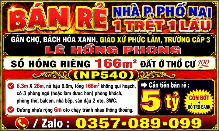 166m2 BÁN RẺ NHÀ HỐ NAI, 1TRỆT 1LẦU, GẦN GIÁO XỨ PHÚC LÂM, SỔ HỒNG THỔ CƯ 💯 ĐƯỜNG NHỰA 6m