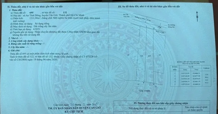Bán Đất 1311.9m2 giá 7.87 tỷ tại Xã An Thới Đông Huyện Cần Giờ TP. Hồ Chí Minh