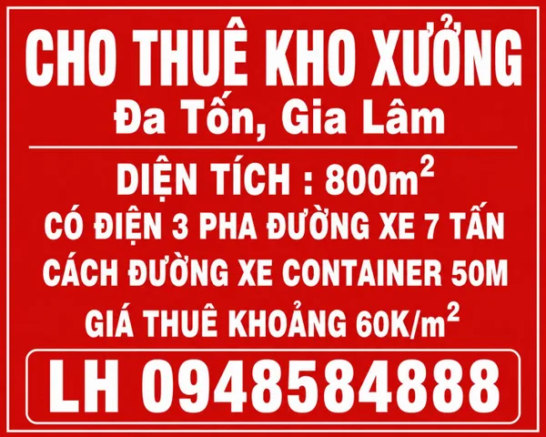 Cho thuê kho, xưởng MBKD 800m2 Đa Tốn, Gia Lâm có điện 3 pha đường xe tải 7 tấn